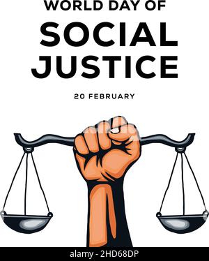 giornata mondiale della giustizia sociale disegno vettore illustrazione con mano che tiene scale di giustizia Illustrazione Vettoriale