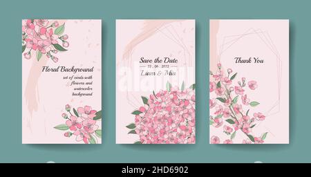 Set di modelli carte vacanza cornici floreali. Illustrazione Vettoriale