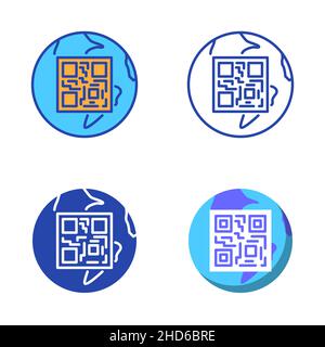 Codice QR sull'icona del globo terrestre impostata in stile piatto e lineare. Illustrazione vettoriale. Illustrazione Vettoriale