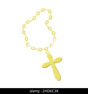 Croce d'oro con catena in stile cartone animato isolato su sfondo bianco. Collana gioielli religiosi, accessori appesi. Illustrazione vettoriale Illustrazione Vettoriale