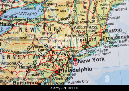 Una mappa degli Stati Uniti orientali con New York, Boston e Philadelphia Foto Stock