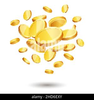 Monete d'oro cadenti, illustrazione vettoriale realistica. Casino jackpot, vincere, ricchezza. Illustrazione Vettoriale