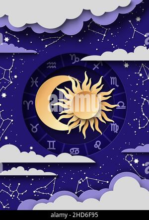 Cerchio zodiaco con segni oroscopi, il Sole, la Luna e le costellazioni, illustrazione vettoriale del taglio della carta. Poster astrologia. Illustrazione Vettoriale