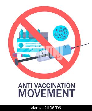 Segno di movimento anti-vaccinazione, illustrazione vettoriale. Anti vax protesta, campagna, coronavirus covid-19 rifiuto vaccino. Illustrazione Vettoriale