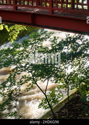 Ponte rosso sul fiume Togawa che conduce al Buddha di pietra di Manji a Shimosuwa - Prefettura di Nagano, Giappone Foto Stock