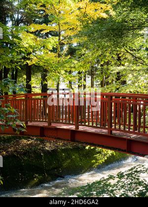 Ponte rosso sul fiume Togawa che conduce al Buddha di pietra di Manji a Shimosuwa - Prefettura di Nagano, Giappone Foto Stock