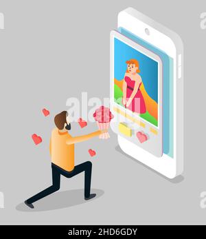 Servizio di dating online, relazione d'amore virtuale, illustrazione isometrica vettoriale piatta. Illustrazione Vettoriale