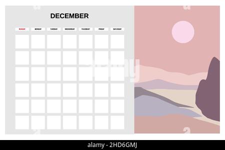 Calendario Planner mese invernale di dicembre. Minimo astratto paesaggio contemporaneo sfondo naturale. Modello mensile per attività di agenda. Vettore Illustrazione Vettoriale