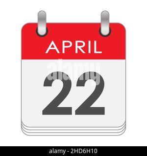 Aprile 22. Una foglia del calendario flip con la data del 22 aprile. Stile piatto. Illustrazione Vettoriale