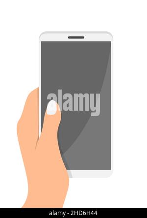 Smartphone femmina con supporto a mano, illustrazione vettoriale piatta. Mano che interagisce con il mockup verticale del telefono cellulare. Illustrazione Vettoriale
