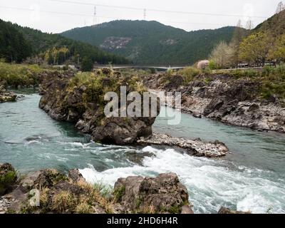 Fiume panoramico Naka che attraversa le montagne della prefettura di Tokushima nelle vicinanze di Tairyuji, tempio 21 del pellegrinaggio di Shikoku Foto Stock