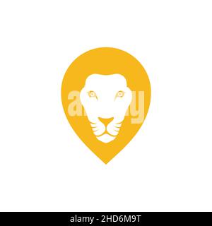 lion faccia con mappa puntina posizione logo disegno vettoriale simbolo grafico icona illustrazione idea creativa Illustrazione Vettoriale