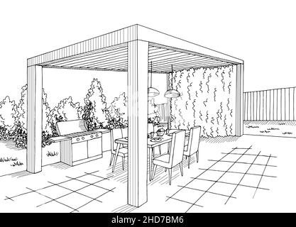 Gazebo giardino moderno grafico bianco nero architetto paesaggio disegno vettore Illustrazione Vettoriale