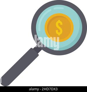 Icona di stima del denaro con lente di ingrandimento. Illustrazione piatta dell'icona del vettore di stima del denaro della lente di ingrandimento isolata su sfondo bianco Illustrazione Vettoriale
