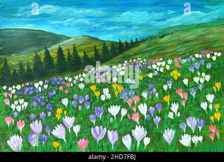 Dipinto ad olio su tela di collina ondulata piena di colori crocus in fiore in primavera Foto Stock
