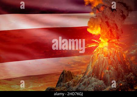Eruzione stratovulcano di notte con esplosione sullo sfondo della bandiera del Costa Rica, soffrono di eruzione e cenere vulcanica concettuale 3D illustrazione di natu Foto Stock
