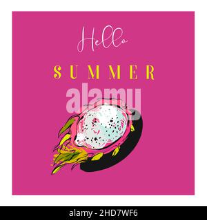 Disegno a mano vettore astratto stock piatto grafico scheda illustrazione con frutti tropicali esotici drago frutta e testo tipografico Ciao estate isolato su Illustrazione Vettoriale