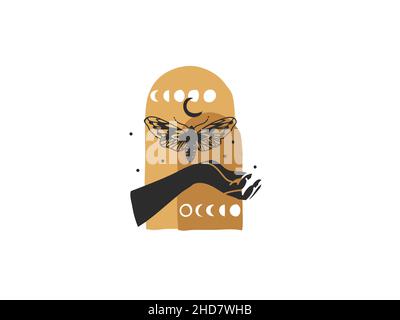 Disegno a mano vettore astratto stock disegno grafico piatto con elementi logo, mano femminile e fasi luna, farfalla, linea magica luna arte in semplice Illustrazione Vettoriale