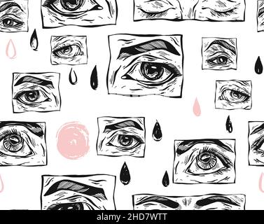 Disegno a mano vettore astratto stock grafico piatto icona illustrazione schizzo modello senza giunture con occhi mistici femminili e semplici forme di collage testurizzate Illustrazione Vettoriale