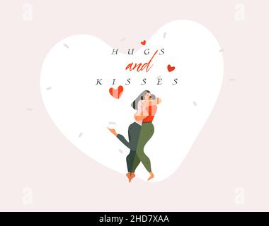 Disegno a mano vettore astratto cartone grafico moderno Happy Valentines concetto illustrazioni carta d'arte con hugging coppia persone insieme e abbracci e. Illustrazione Vettoriale