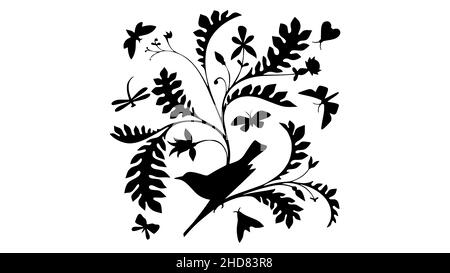 Un uccello carino seduto sul ramo di un albero, vettore. Illustrazione cartoon della silhouette dell'uccello. Decalcomanie da parete infantile, arte da parete, opere d'arte. Natura in primavera, Illustrazione Vettoriale