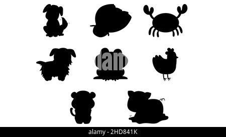 Silhouette nere Set di animali in stile Cartoon, Logos e icone Illustrazione Vettoriale