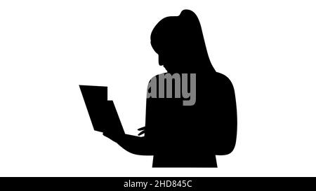 Ragazza che lavora su laptop, lavoro in ufficio, lavoro da casa, codifica, silhouette nera, logo Illustrazione Vettoriale