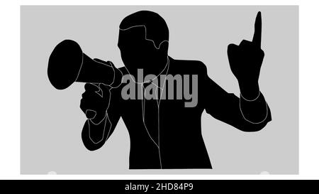 Uomo che urla in un megafono in silhouette isolato su sfondo bianco, dipendente o uomo d'affari che dà un discorso motivazionale su altoparlante Illustrazione Vettoriale