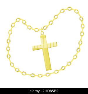 Croce d'oro con catena in stile cartone animato isolato su sfondo bianco. Collana gioielli religiosi, accessori appesi. Illustrazione vettoriale Illustrazione Vettoriale