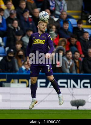 Kamil Jozwiak della contea di Derby durante la partita del campionato Sky Bet al Madejski Stadium di Reading. Data foto: Lunedì 3 gennaio 2022. Foto Stock