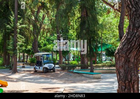 Antalya, turchia - 09. 01. 21: Una macchina da golf della polizia in pattuglia in un parco con grandi alberi verdi. Auto elettriche nella vita di tutti i giorni. Foto Stock