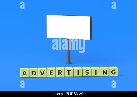 Cubi con parola pubblicità vicino cartellone. Scheda isolata. Concetto aziendale. Agenzia di promozione. Comunicazione di informazioni. 3d rendering Foto Stock