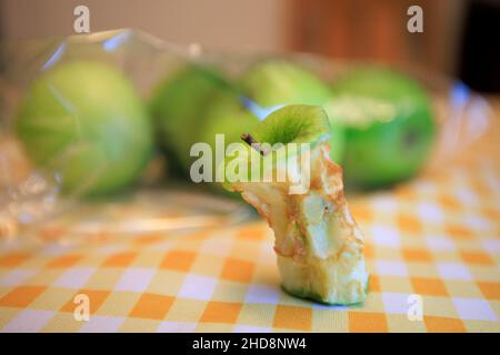 Un nocciolo di mela marcio accanto ad alcune mele fresche Foto Stock