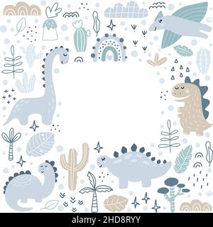 Cornice vettoriale circolare con dinosauri e scritta a mano dino con posto per il testo su sfondo bianco. Biglietto d'auguri, poster design scandinavo Illustrazione Vettoriale