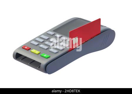 Registratore di cassa portatile con carta di credito in plastica isolata su sfondo bianco. 3d rendering Foto Stock