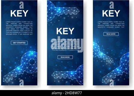 Set di banner verticali blu per tasti. Simboli poly bassi chiave per il modello di banner pubblicitari verticali. Sicurezza, segreto, disegno privato Illustrazione Vettoriale