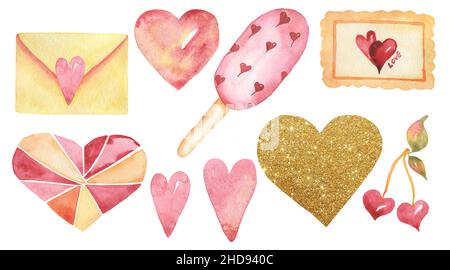 Pink Love Day Clipart, set di illustrazioni di acquerello carino valentini, Golden Heart, gelato, busta, ciliegia clip art, Doccia del bambino, scheda, scrapbook Foto Stock