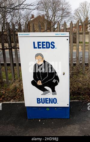 Una vista di un murale di Marcelo Bielsa vicino Elland Road, Leeds il 3rd gennaio 2022. Credito: Lewis Mitchell Foto Stock