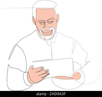 Disegno in linea continuo del lavoratore con tablet Illustrazione Vettoriale