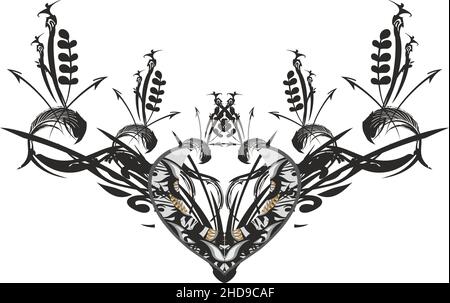 Simbolo floreale a forma di cuore con elementi in piuma su sfondo bianco. Tribale ritorto simbolo di amore per tessuti, carta da parati o poster, carte di invito Foto Stock