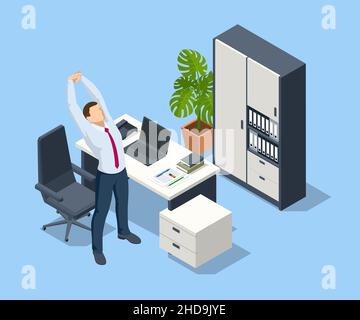 Business isometrico e stile di vita sano. Il lavoratore d'ufficio positivo ha distratto dal lavoro facendo esercizi di stretching efficaci durante la giornata di lavoro Illustrazione Vettoriale