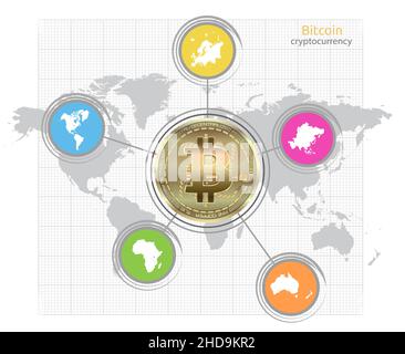 Bitcoin moneta, mappa del mondo e dei continenti, infografica isolata su sfondo bianco vettore Illustrazione Vettoriale