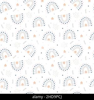 Arcobaleno di stile bohémien, stelle, rami di foglie disegno senza giunture, semplice illustrazione vettoriale cartoon, ornamento di ripetizione, illustrazione biglietto d'auguri per i bambini, arredamento stanza dei bambini, poster, tessuto Illustrazione Vettoriale