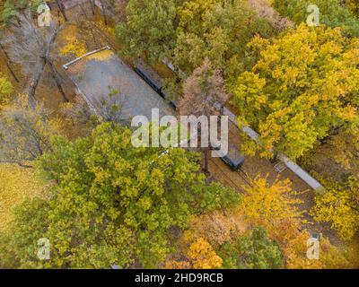 Vola sopra la stazione ferroviaria. Linea di binario e capannone treno in vivido giallo autunno foresta. Vista aerea sulla cima del tretop colorato Kharkiv, viaggio Ucraina Foto Stock