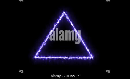 Telaio a triangolo vuoto con energia elettrica e bordo incandescente, fuoco ardente segno. Fuoco triangolare viola bianco con alimentazione elettrica intorno alle luci del telaio Foto Stock