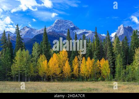 Il monte Lougheed è una montagna di 3.107 metri (10.194 piedi) a tripla vetta situata tra il lago artificiale Spray Lakes e la valle del vento della regione di Kananaskis Foto Stock