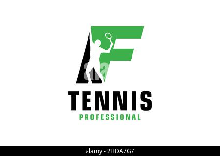 Lettera F con logo di silhouette per giocatore di tennis. Elementi del modello di progettazione vettoriale per il Team sportivo o aziendale. Illustrazione Vettoriale