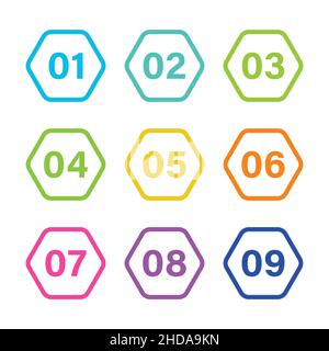 Numero punti punto elenco esagono piatto impostato su sfondo bianco. Colori colorati con numeri da 01 a 09 per il tuo disegno. Illustrazione vettoriale Illustrazione Vettoriale