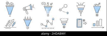 Icone di doodle di imbuto di vendite, altoparlante lineare di segni di affari, grafici o grafici di infographics, pagamento dello smartphone, attrazione dei clienti, strategia di gestione e analisi dei dati, illustrazione vettoriale di arte di linea Illustrazione Vettoriale