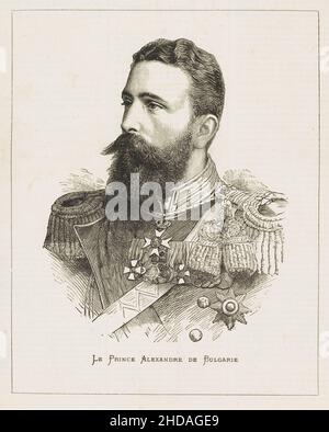 Ritratto di incisione del Principe Alessandro di Bulgaria. 1886 Alexander Joseph GCB (1857 – 1893 ), noto come Alessandro di Battenberg, fu il primo principe Foto Stock